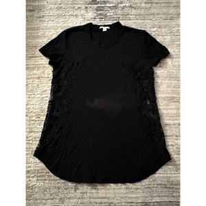 James Perse Women Short Sleeve Crewneck T-Shirt Black Sz2 Floral Side Embroidery